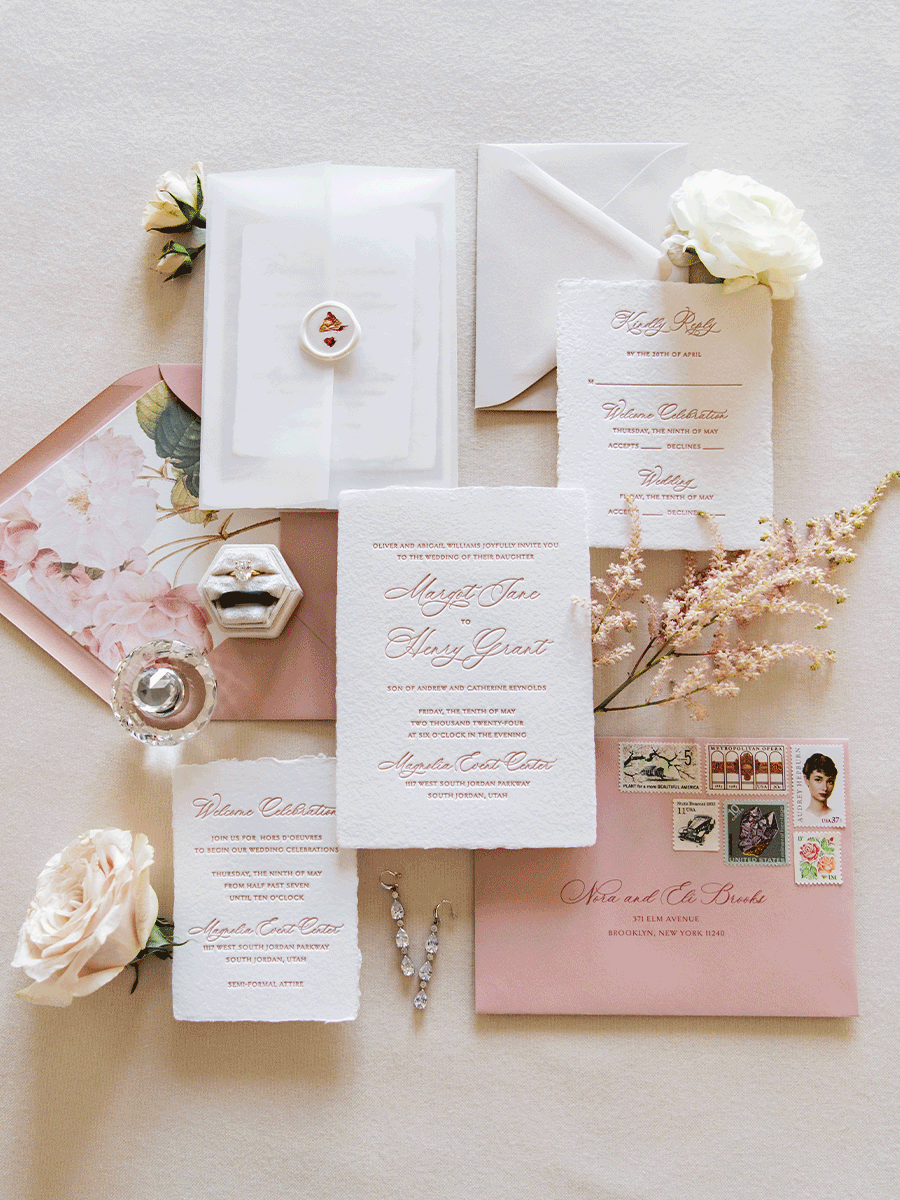 Letterpress wedding invitation with wax seal
