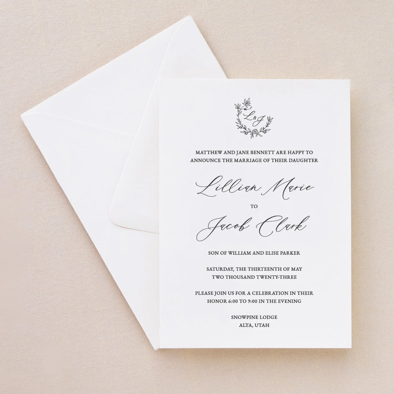 Floret semi-custom letterpress wedding invitation suite