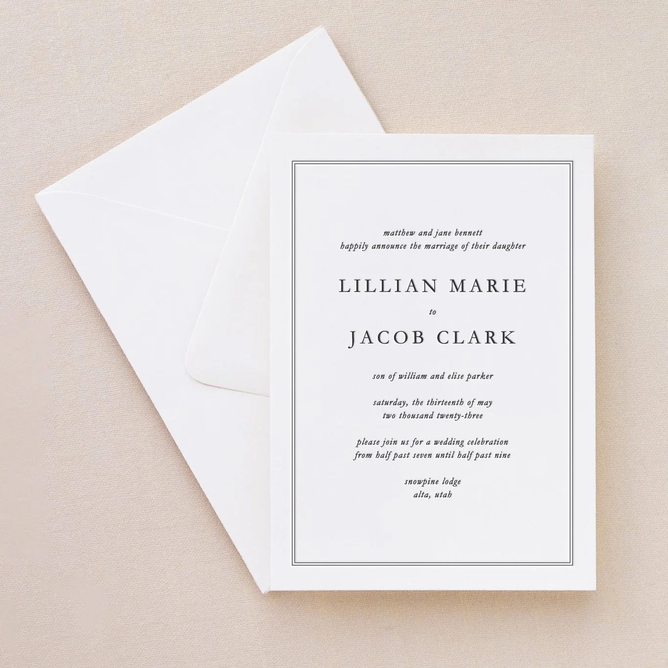 Idyllic semi-custom letterpress wedding invitation suite