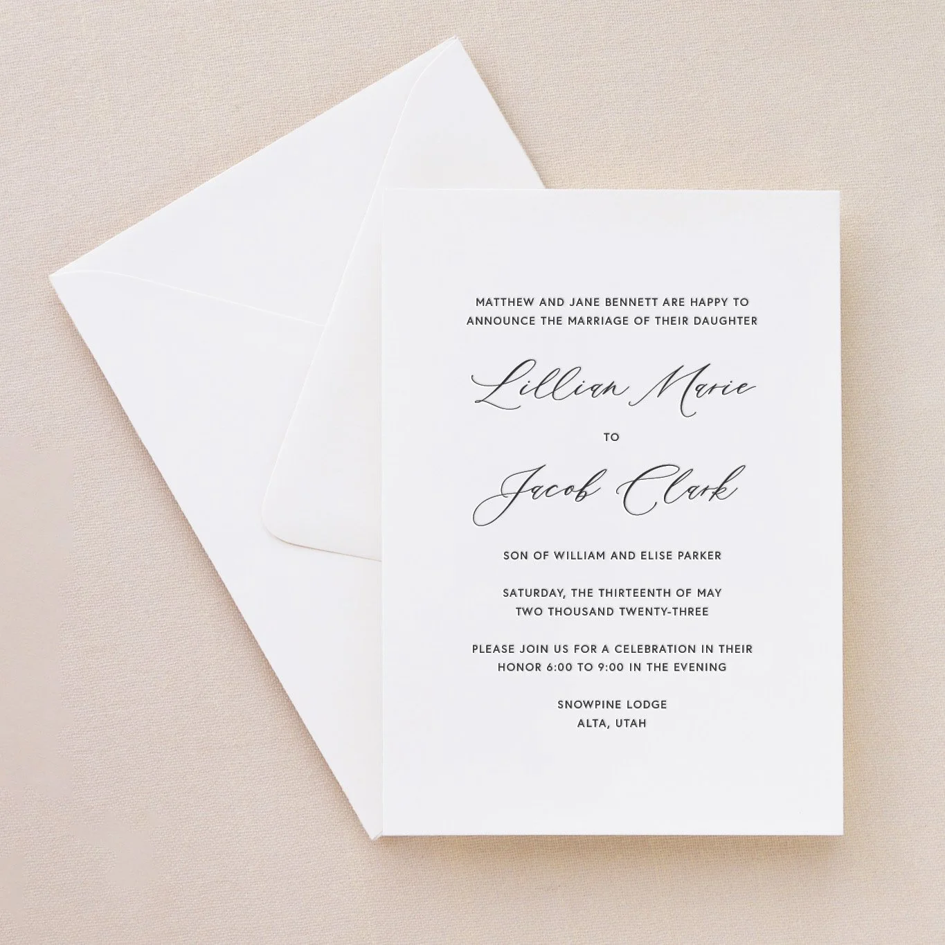 Mae semi-custom letterpress wedding invitation suite
