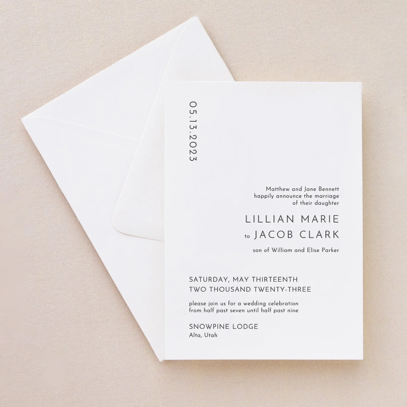 Nordic semi-custom letterpress wedding invitation suite