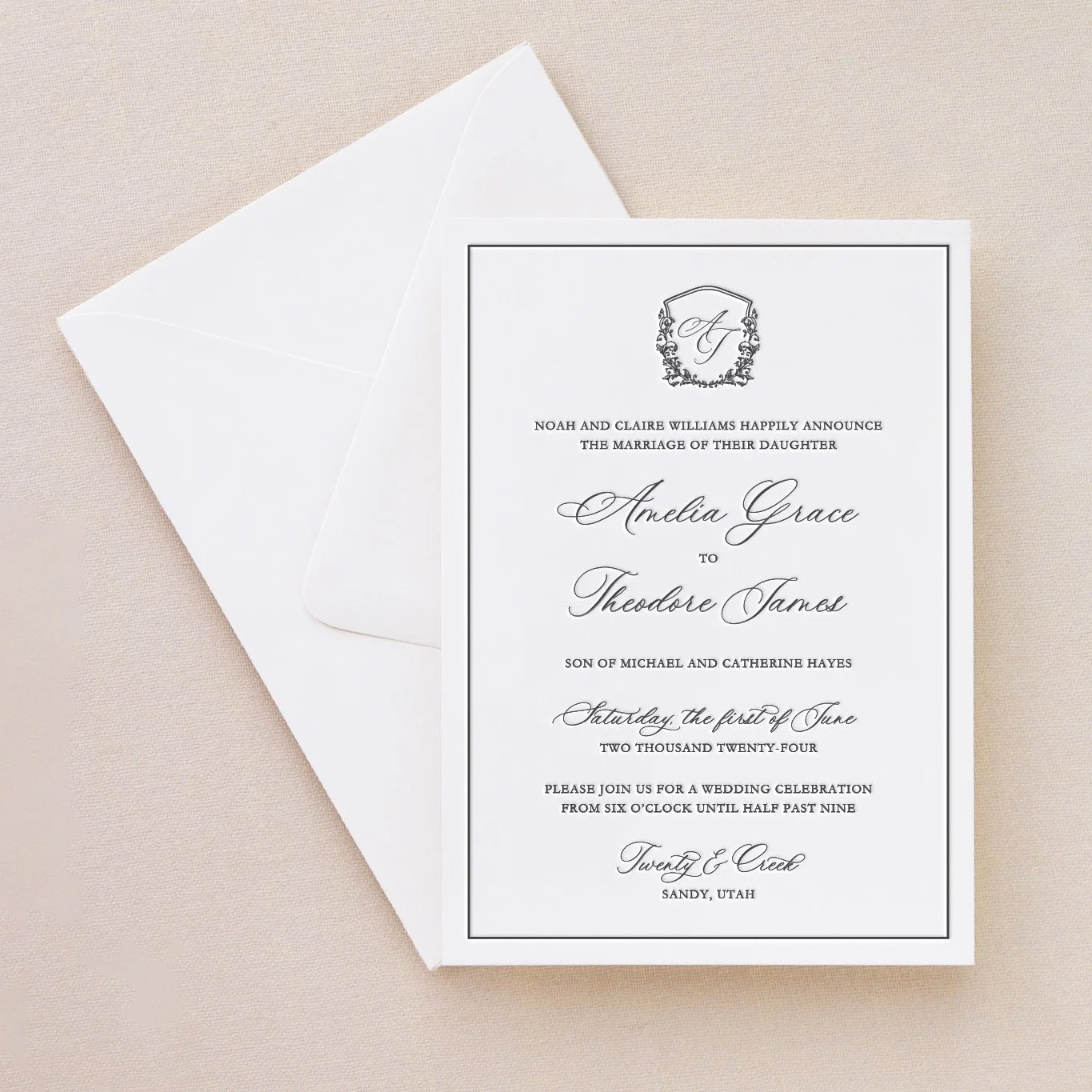 Normandy semi-custom letterpress wedding invitation suite